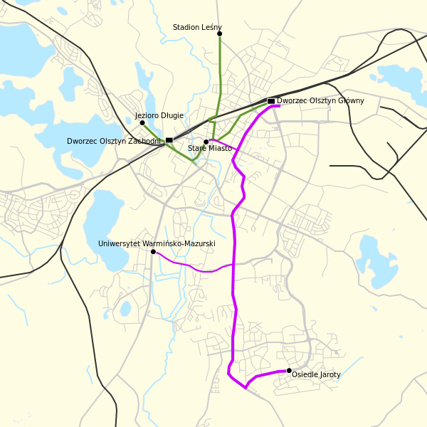 Plán tramvajových tratí v Olsztyně. (zdroj: Wikipedia.pl)