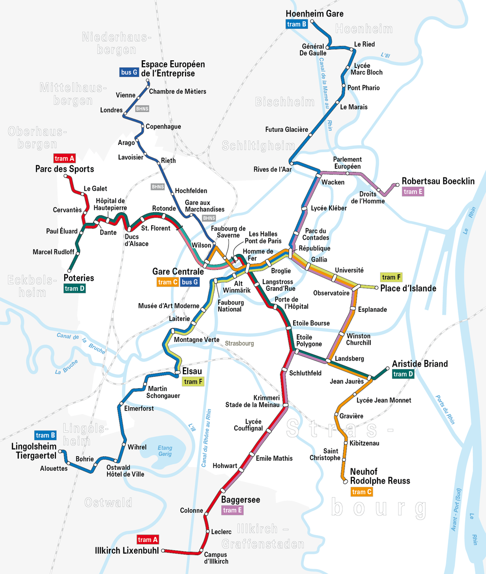 Plán tramvajových tratí ve Strasbourgu ještě bez zaznačeného prodloužení linky A. (zdroj: Wikipedia.org)