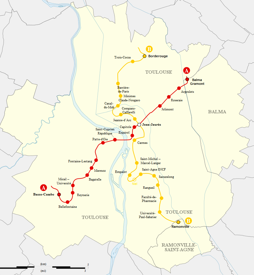 Síť linek metra v Toulouse. (zdroj: Wikipedia.org)