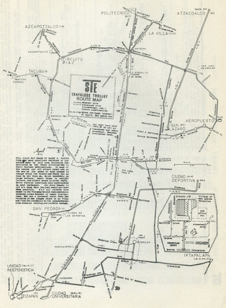 Mapa trolejbusového provozu v Ciudad de México z roku 1970. (zdroj: Transphoto.ru)