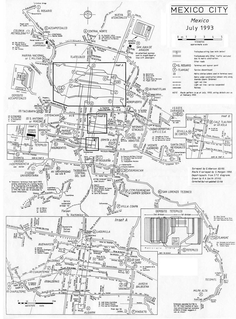 Takto hustá byla trolejbusová síť v hlavním městě ještě v roce 1993. (autor: R. A. Smith; sbírka Allena Morrisona)