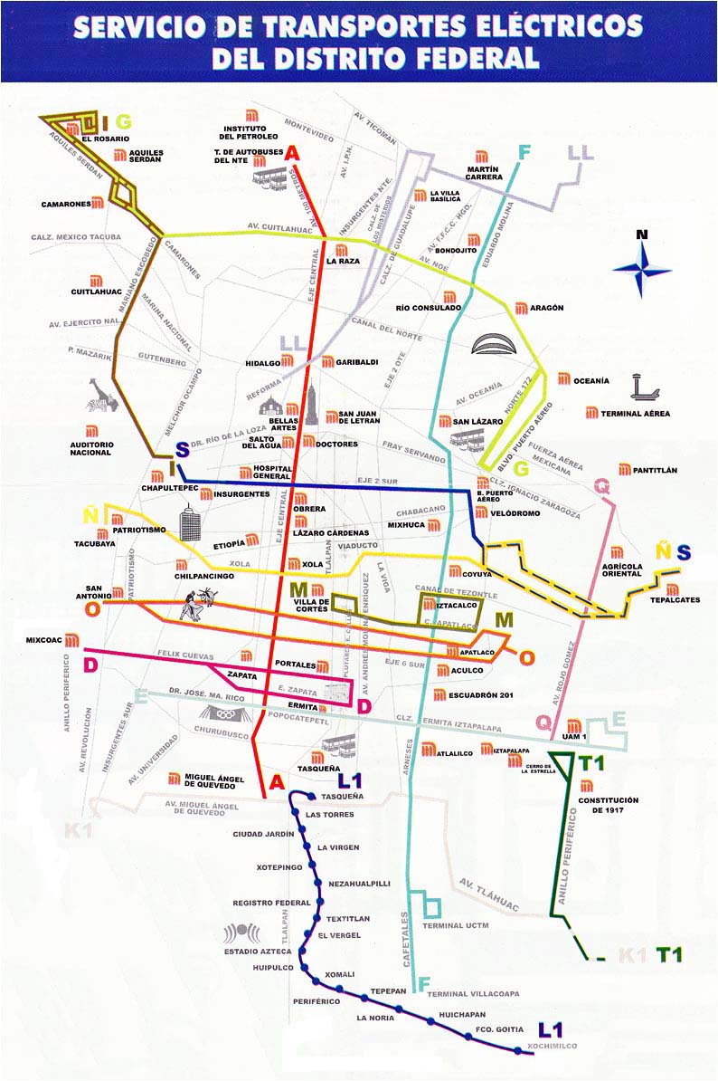 Trolejbusová síť v Ciudad de México na přelomu staletí. Linka L1 je zatím jedinou linkou lehkého metra, která byla otevřena roku 1986, a to na pozůstatcích tramvajové trati otevřené v roce 1910. (zdroj: sbírka Allena Morrisona)