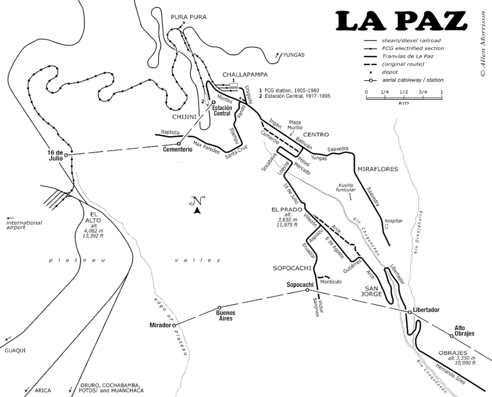 V letech 1909 až 1950 jezdily v La Pazu elektrické tramvaje (animální v La Pazu nikdy nebyly). Na území města byla přítomna i železnice, která byla ale v 90. letech minulého století po předchozím postupném utlumování provozu definitivně uzavřena, a návrhy na její obnovu či rozšíření se nedočkaly realizace. (autor: Allen Morrison)