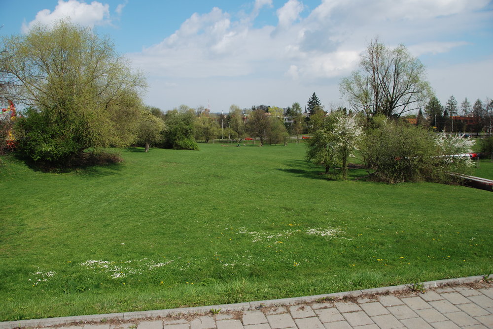 Pohled z ulice Opavské na zelené prostranství pod ní. Zcela vzadu na fotografii lze rozeznat červené automobily jedoucí po ulici Martinovské. Po ní dnes jezdí i tramvaje do Martinova a napojují se úrovňovou křižovatkou na ulici Opavskou. Plány však byly původně jiné. Tramvaje měly jezdit koridorem patrným na snímku a pod chodníkem, který je zřetelný ve spodní části fotografie, již měl být portál tunelu. (foto: Libor Hinčica)  