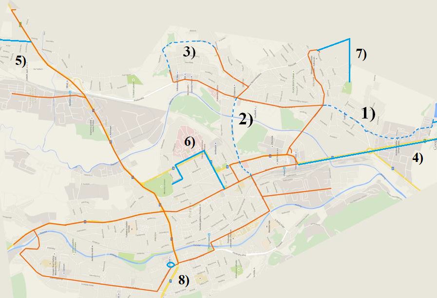 Nejprve se podívejme na&nbsp;mapku (sever je vlevo, jih vpravo), tak jak ji připravil dlouholetý výkonný ředitel Dopravného podniku mesta Prešov, a. s. (DPMP), Ing. Peter Janus, již roku 2015. Plánek je ovšem upraven, neboť ten původní neobsahoval ještě všechny projekty, které si Prešov loni mínil do měněného územního plánu prosadit. Červeně je stávající síť, modře návrhy. Číslo 1: trať přes sídliště na&nbsp;Delňu (případné prodloužení k&nbsp;průmyslové zóně Záborské není vyznačeno, jen naznačeno). Číslo 2: propojení po Rusínskej ulici. Číslo 3: spojení konečných Pod Šalgovíkom a Síbirska. Číslo 4: prodloužení po ulicích Košická a Petrovianska (na mapce není vyznačeno úplně). Číslo 5: prodloužení ke dnes zrušené vlakové zastávce Nižná Šebastová (na mapce není vyznačeno úplně, zakreslení nemusí být přesné). Číslo 6: prodloužení k&nbsp;areálu fakultní nemocnice, vodárenské věži a hřbitovu. Číslo 7: prodloužení k&nbsp;ulici Pod Hrádkem a hřbitovu Šváby (zakreslení nemusí být přesné, resp. trať může být kratší). Číslo 8: nácestné obratiště při ulici V. Clementisa (zakreslení nemusí být přesné). (autor: Ing. Peter Janus, modifikace: autor)