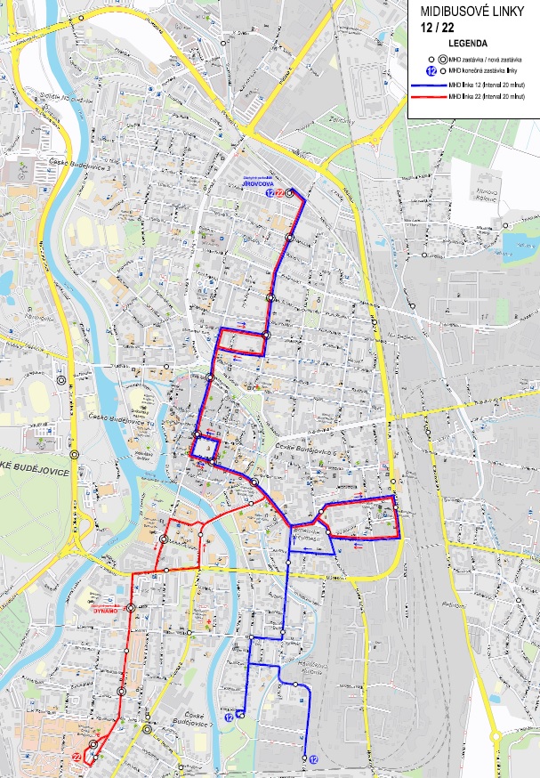 Mapa autobusových linek 12 a 22, na nichž by měly být nasazeny elektrobusy Škoda 29 BB. Zde je možné prohlédnout si mapu ve větším provedení v PDF. (zdroj: DPMČB)