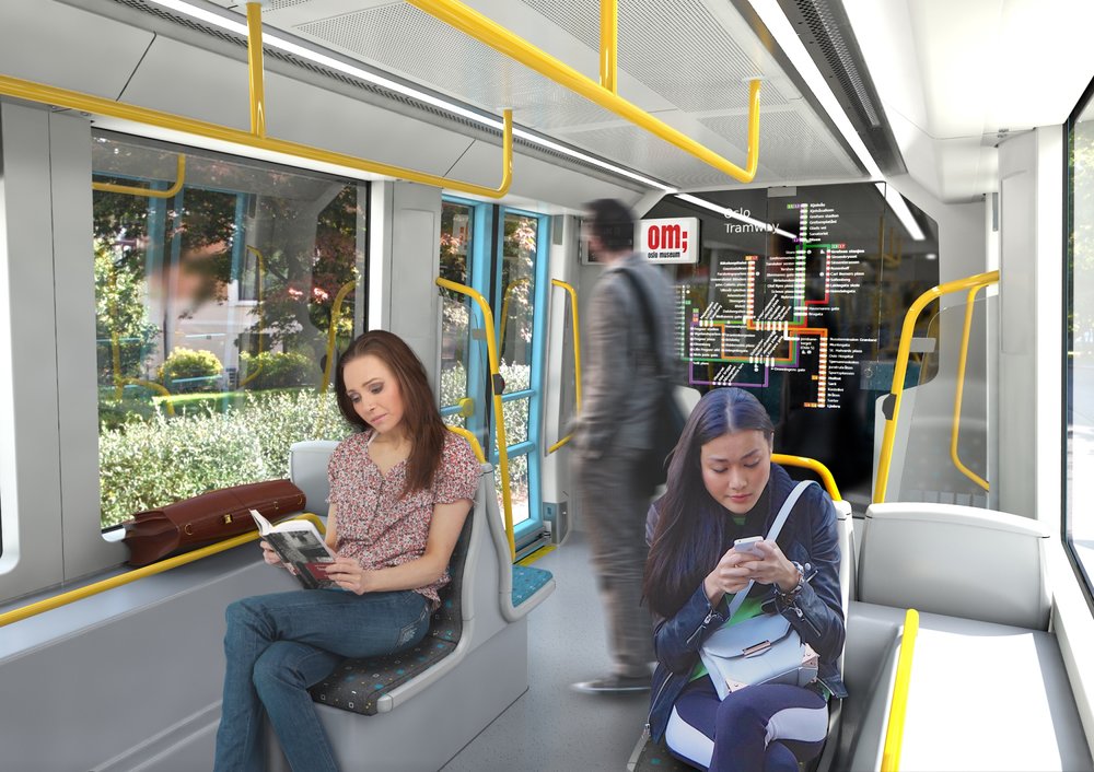 Visning av en del av interiøret i den nye Oslo-trikken på produsentens visualisering.  (foto: CAF)