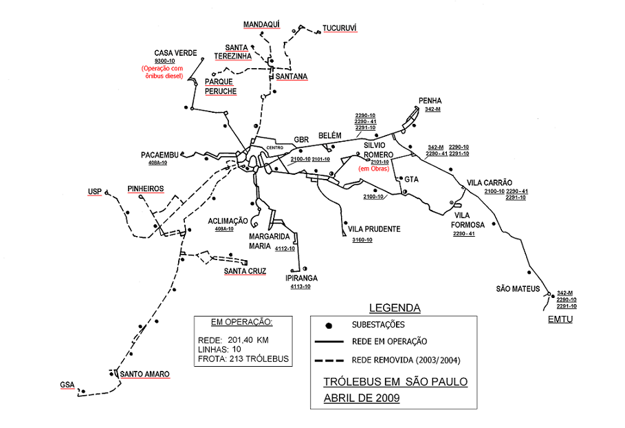 Situace v dubnu 2009. Tratě s červeným textem jsou dosud neprovozní, v roce 2018 byly navrženy na snesení. (zdroj: Metra).