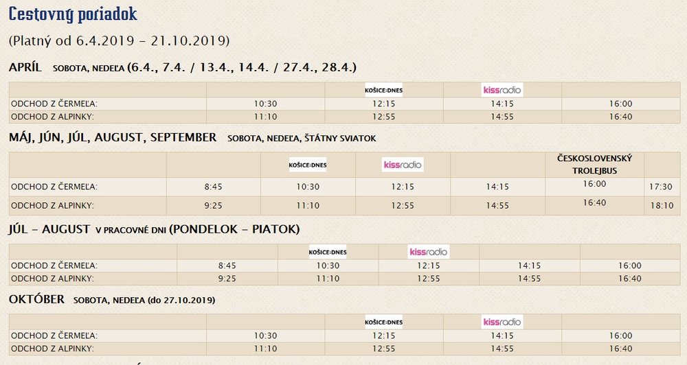 Jízdní řád úzkorozchodné železnice s vyznačením spoje v 16:00 pojmenovaném jako Československý trolejbus.