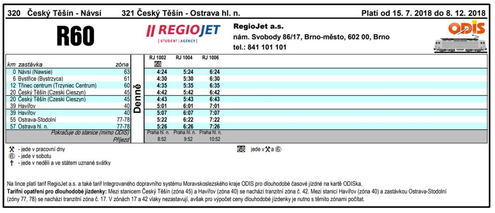 Tři spoje a jenom jedním směrem - linka R60 provozovaná RegioJetem v rámci ODIS. (zdroj: RegioJet)