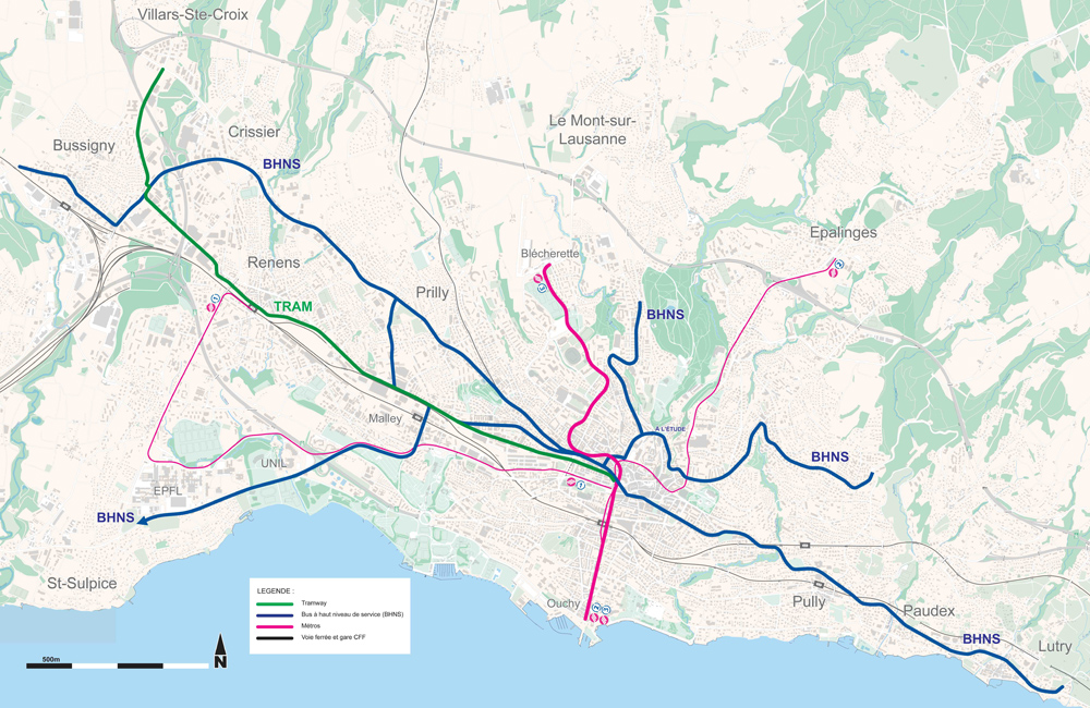 Návrh vedení tramvajové linky (zeleně) včetně plánovaného prodloužení do Villars-Sainte-Croix. (zdroj: www.lausanne.ch)