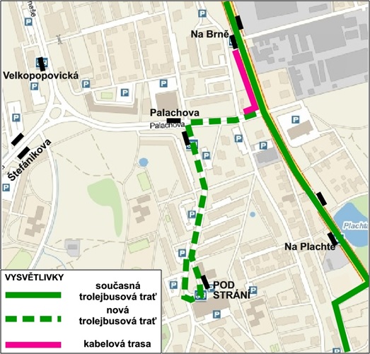 Vedení trolejbusové trati Brněnská - Pod Strání. (zdroj: DPMHK)