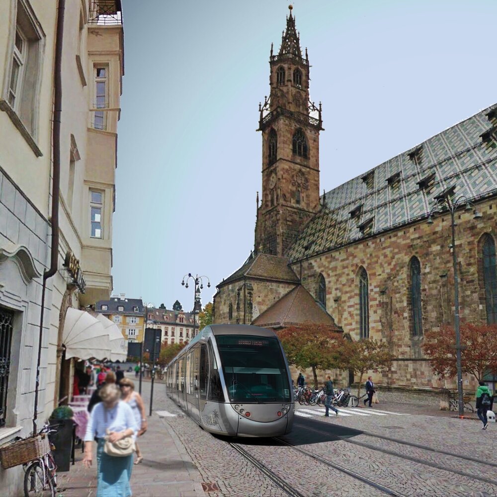 Vizualizace návrhu, který pro Bolzano loni předložilo uskupení privátních společností Salcef Group, které sdružovalo podniky RATP DEV Italia, CAF a Architecna. (zdroj: Salcef Group)