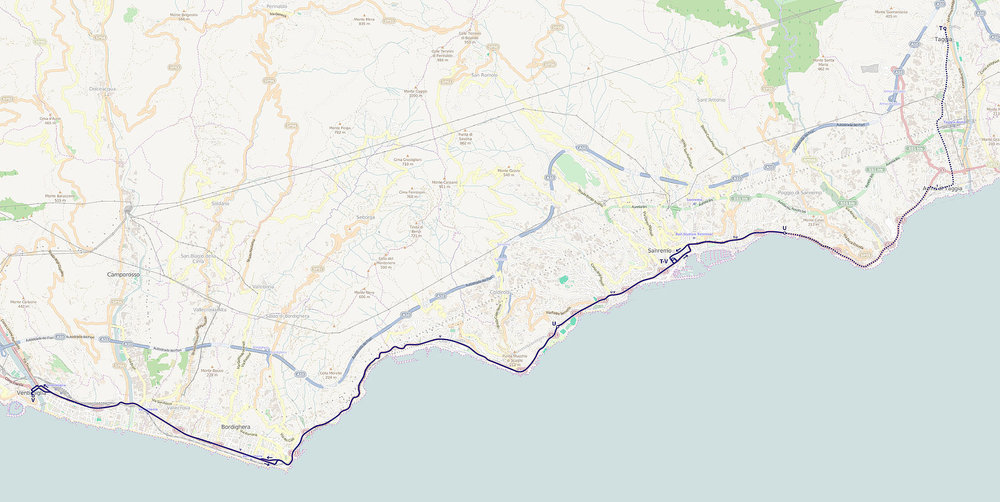 Mapa trolejbusové sítě v Sanremu a okolí. Tečkovaně zrušená trať. (zdroj: Wikipedia.org)