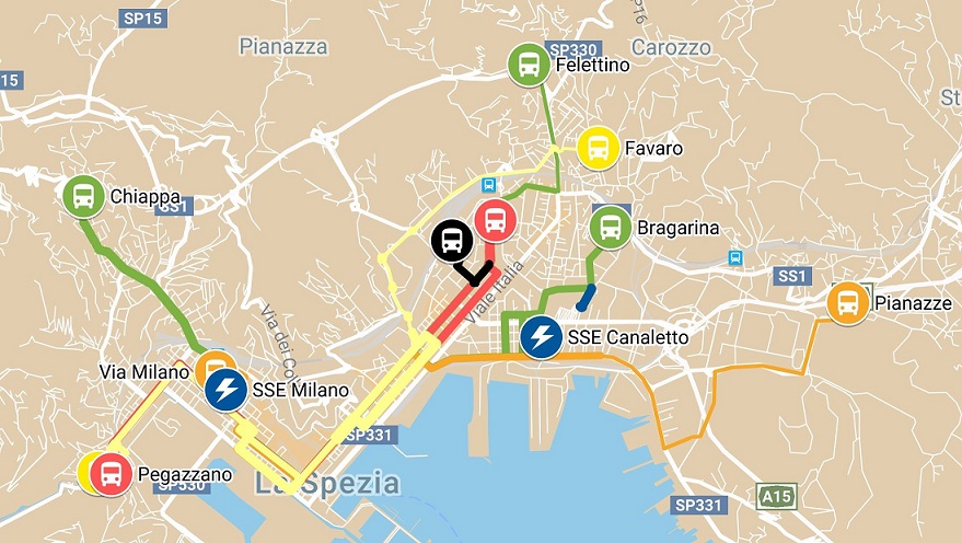 Navrhovaná podoba trolejbusové sítě dle plánu z roku 2018. Troleje nemají vést pouze od měnírny Canaletto ke konečné Pianazze. (zdroj: ATC Esercizio S.p.A.)