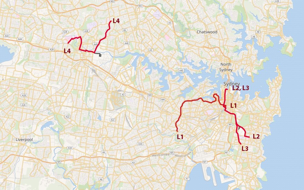 Tramvajové tratě v Sydney. V provozu jsou prozatím linky L1 a L2. (zdroj: Wikipedia.org)