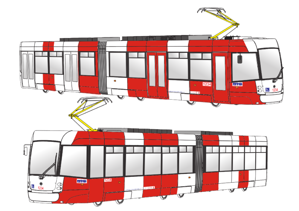 Návrh číslo 3 pro barevné řešení tramvají EVO2 (“Tramvaje pro Brno”). (foto: DPMB)