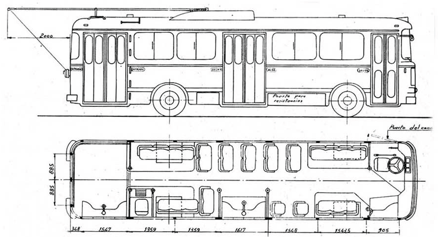 Pegaso-VETRA 8010 na nákresu. Více o trolejbusu v knize o trolejbusech na Pyrenejském poloostrově. (zdroj: AutoRevista, č. 257)