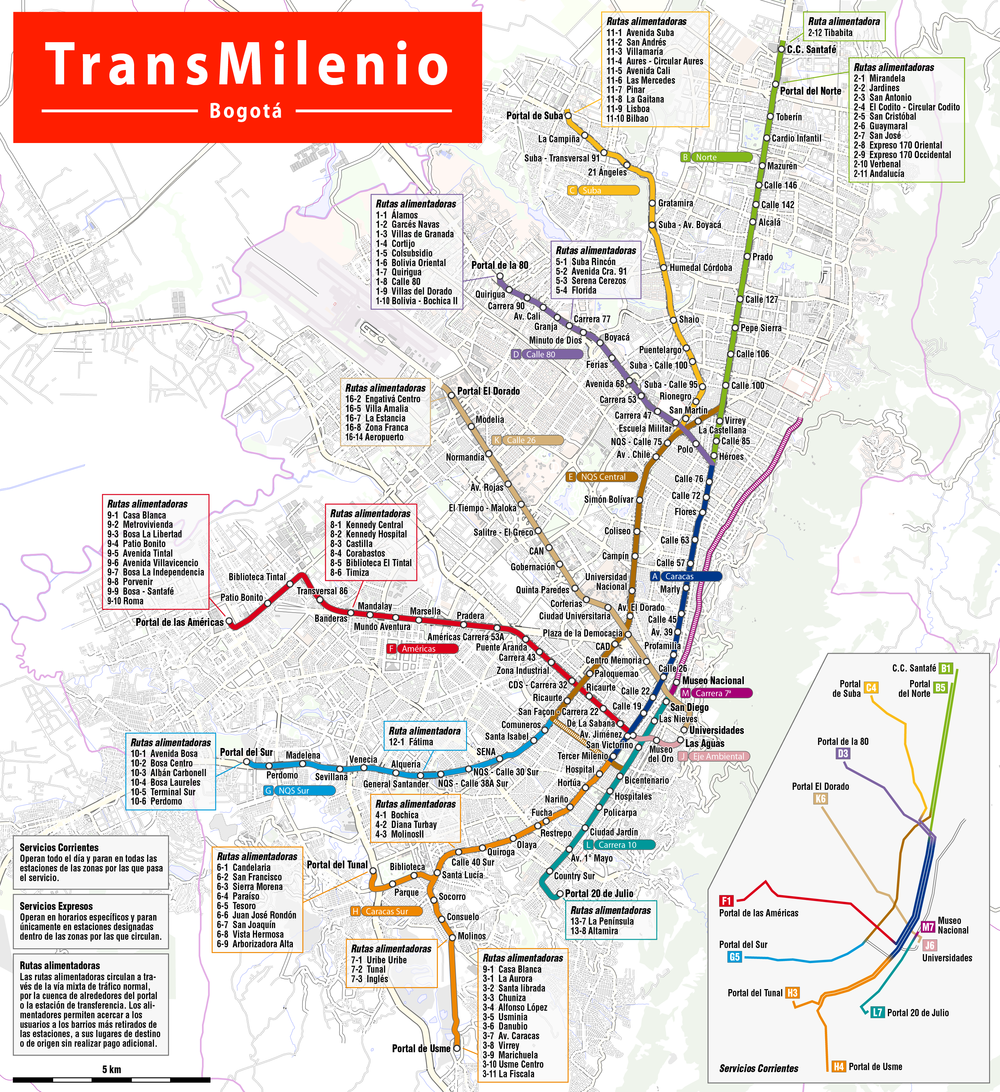 Současná síť TransMilenia. (zdroj: TRANSMILENIO S.A.)