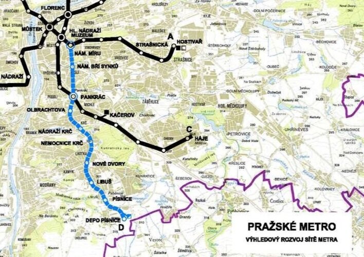 Celá navrhovaná trasa D pražského metra. Výstavba má začít už letos, avšak týkat se bude jen jediného mezistaničního úseku Pankrác-Olbrachtova, jehož stavba má zabrat více než 7 let. (zdroj: DPP)