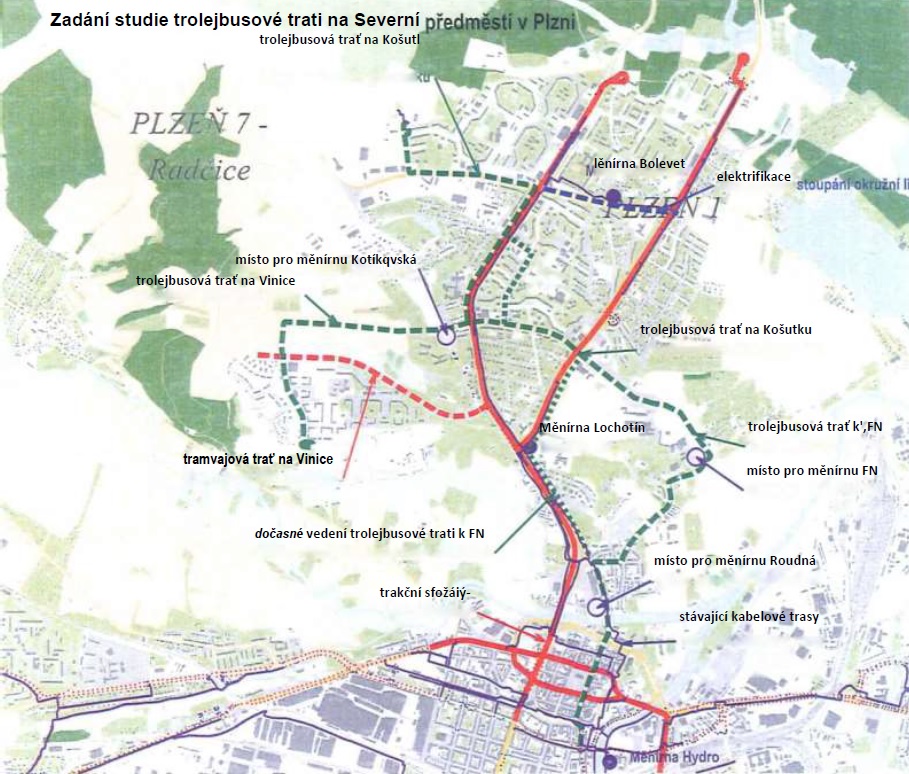 Návrh vedení trolejbusové tratě na Severní Předměstí včetně všech návazných investičních akcí (přeložky trolejbusové tratě na Sídliště Košutka, trolejbusové a tramvajové tratě na Vinice). (zdroj: Registr smluv, smlouva se společností Metroprojekt) 