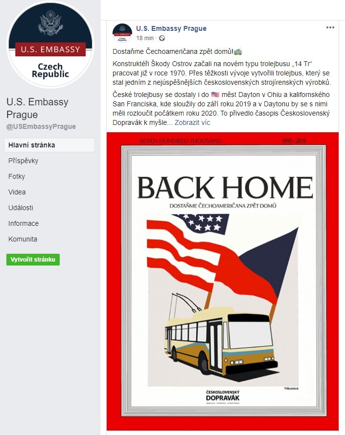 K propagaci návratu trolejbusu do ČR z USA se připojila na svém facebookovém profilu také ambasáda USA.