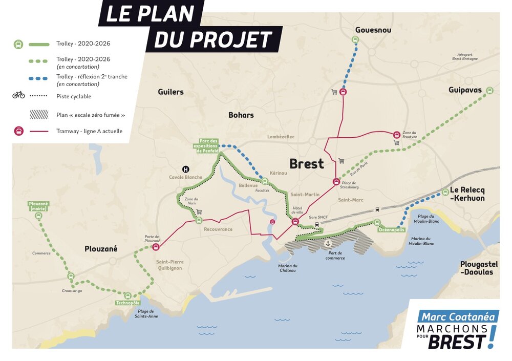 Navrhovaná síť trolejbusů (zeleně). (zdroj: Marchons pour Brest !)