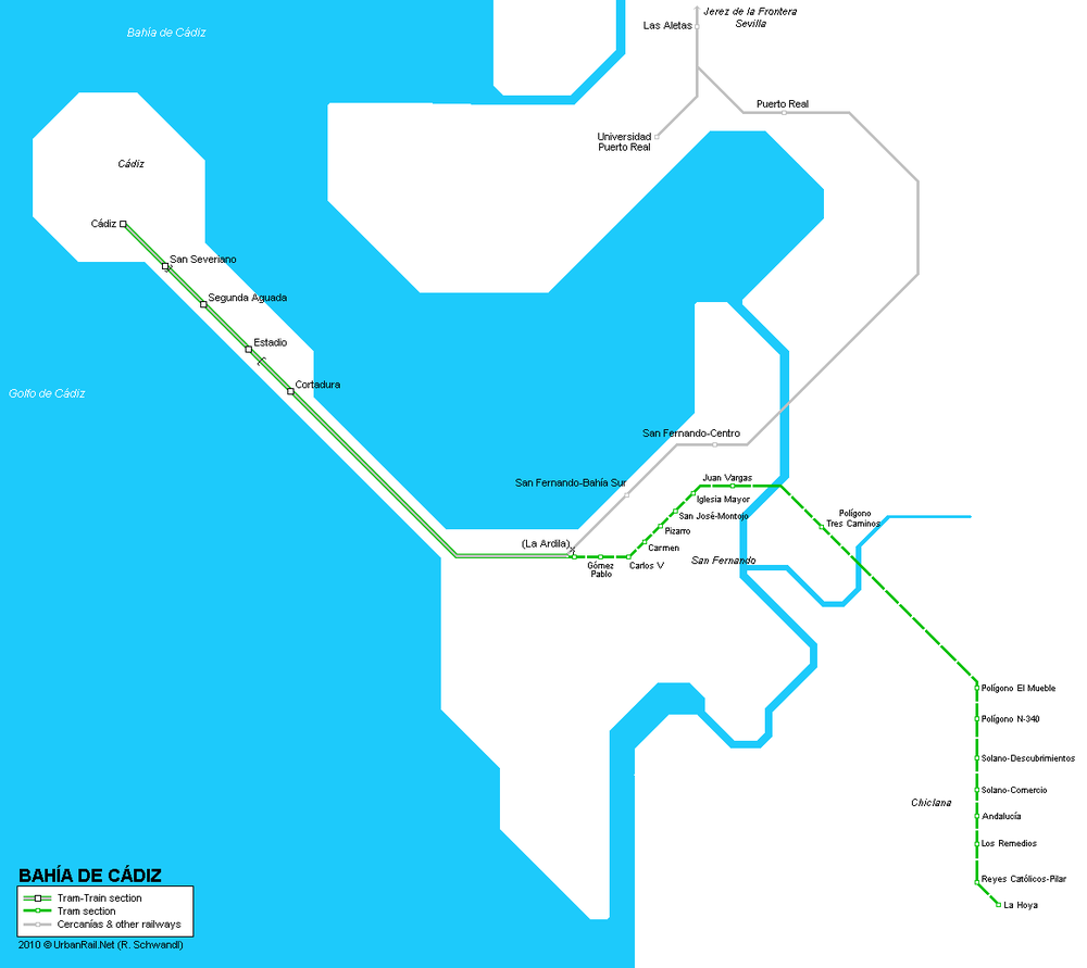 Plánek první linky cádizské vlakotramvaje. (zdroj: Robert Schwandl/UrbanRail.net)