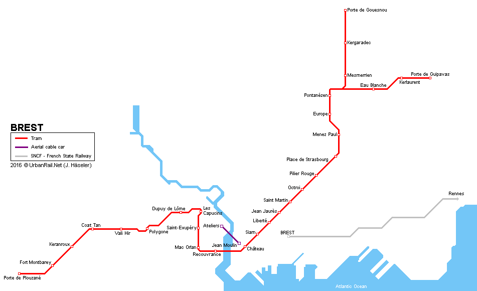 Tramvaje a lanová dráha v Brestu. (zdroj: UrbanRail.net/Robert Schwandl)