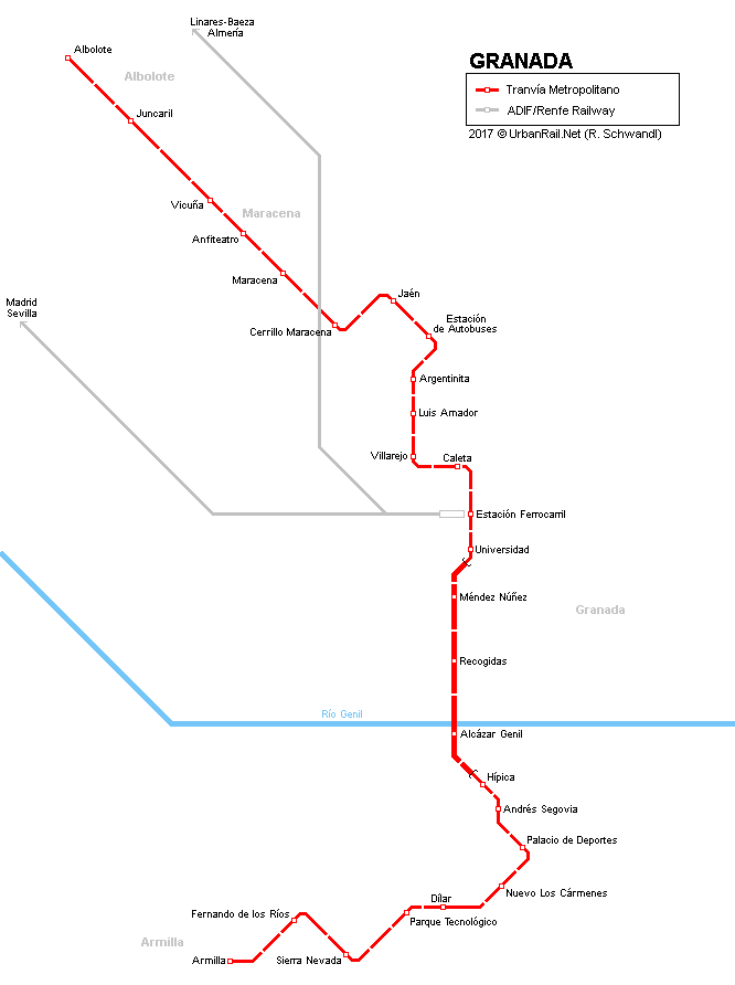 Plánek sítě granadského lehkého metra. 83 % trati je na povrchu. Na katastru obce Armilla je koncový úsek o délce 702 m jednokolejný, konečná zastávka je však řešena se dvěma kolejemi a ostrovním nástupištěm. (autor: Robert Schwandl/UrbanRail.net)