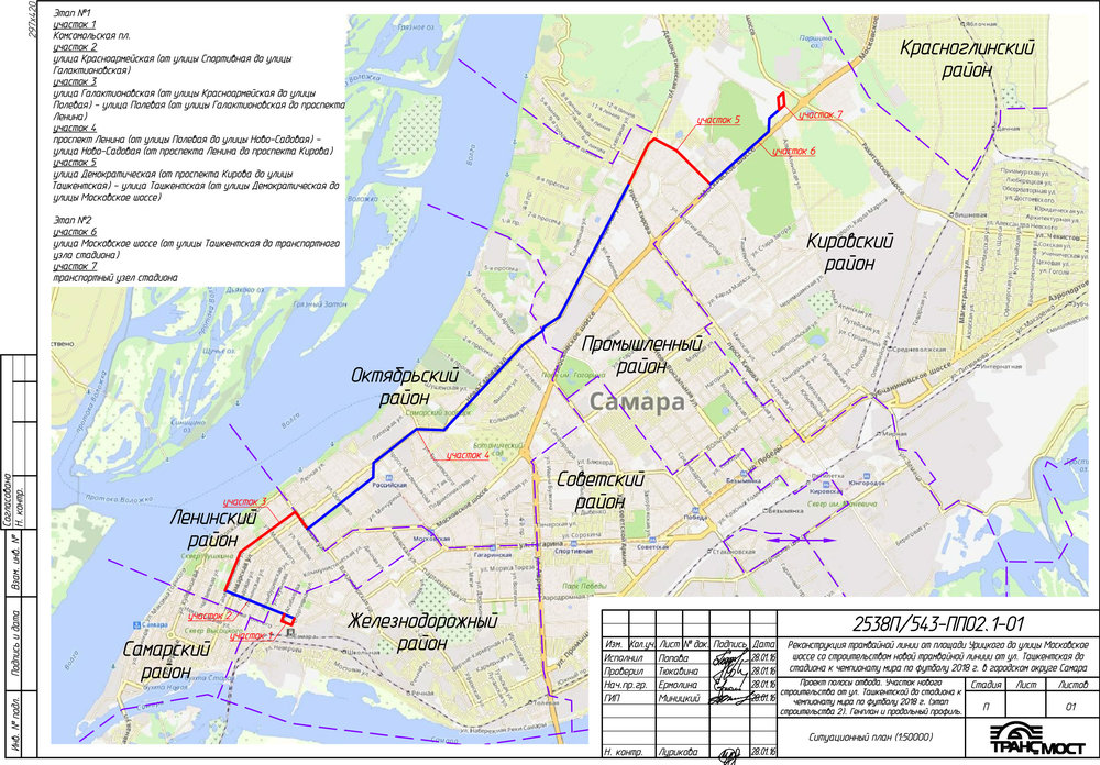 Od náměstí Komsomolskaja ploščaď v centru města až k nové trati se stávající infrastruktura postupně rekonstruuje. Výkres zachycuje jednotlivé stavební úseky, včetně těch, které se týkají nové tramvajové trati. (autor: OAO Transmost)