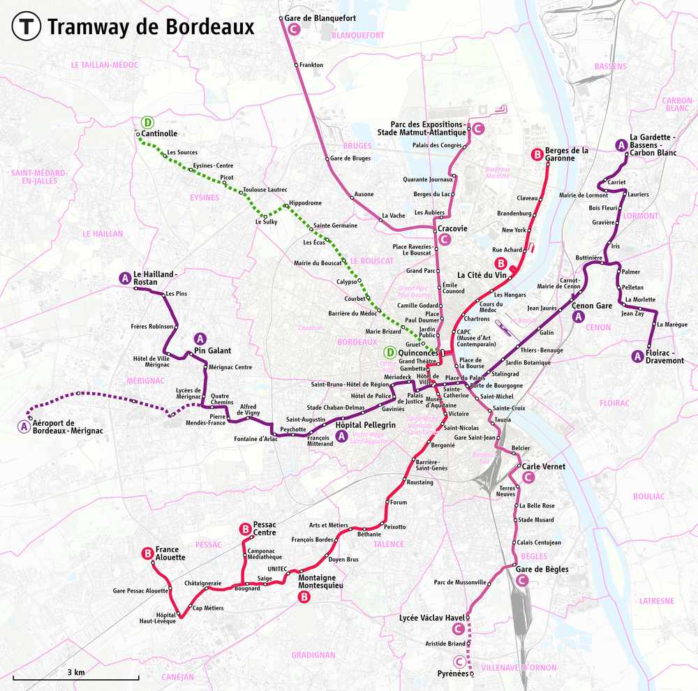 Mapa tramvajové sítě v Bordeaux včetně plánovaných prodloužení. (zdroj: Maximilian Dörrbecker / Wikipedia.org)