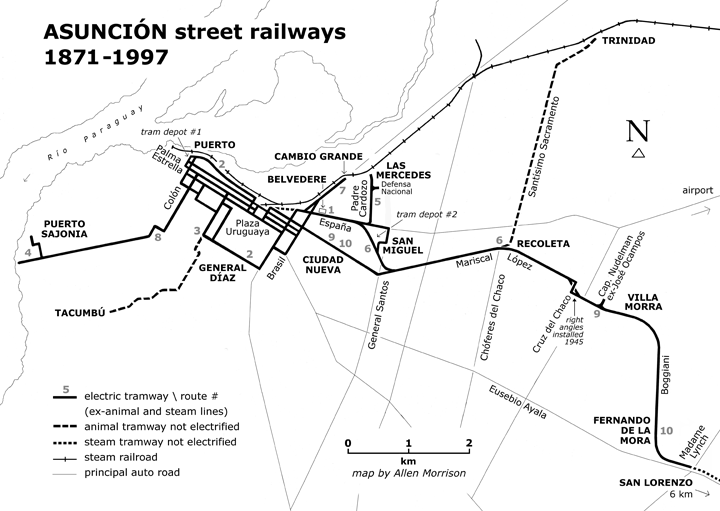 Plán zachycující celou historii asunciónských tramvají. (autor: Allen Morrison)