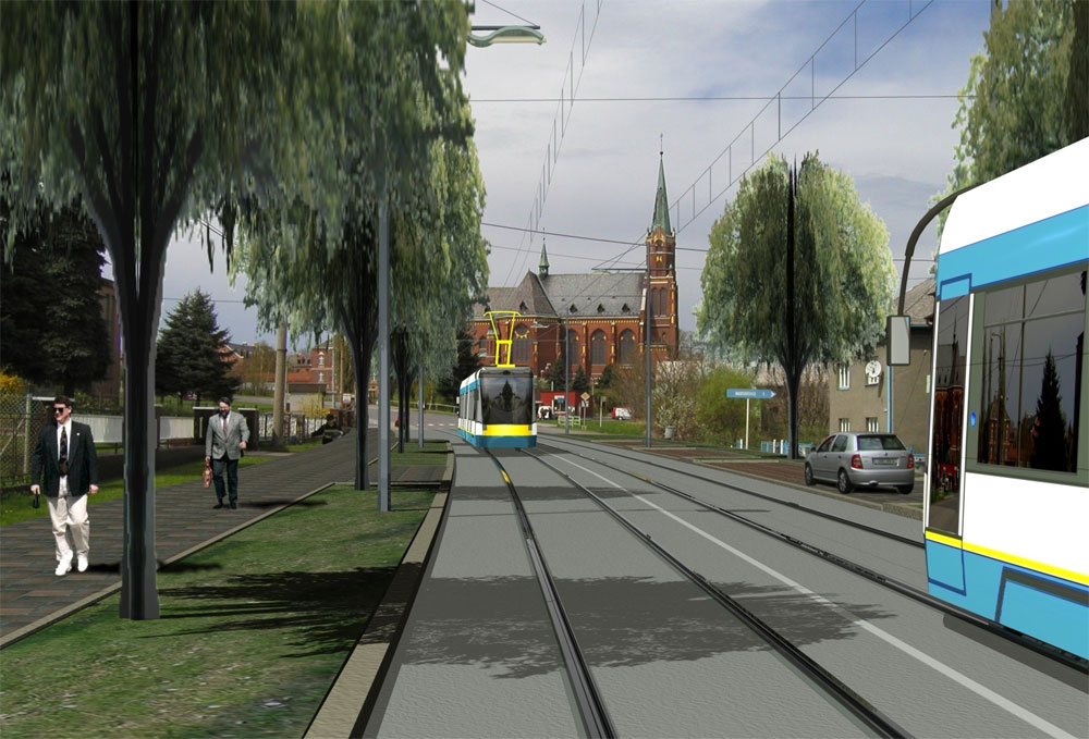 Takto byla prezentována v roce 2004 studie možného obnovení provozu tramvají do Hlučína s možností prodloužení až do Opavy formou vlakotramvají. V pozadí kostel v Ludgeřovicích. (zdroj: Obec Ludgeřovice)