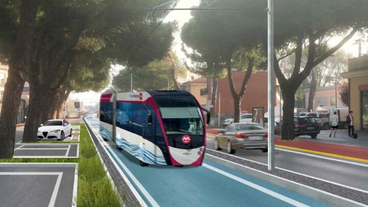 Vizualizace nové trati k Rimini Fiera s poněkud vachrlatým trolejbusem a podivně zaparkovaným automobilem. (zdroj: Comune di Rimini)