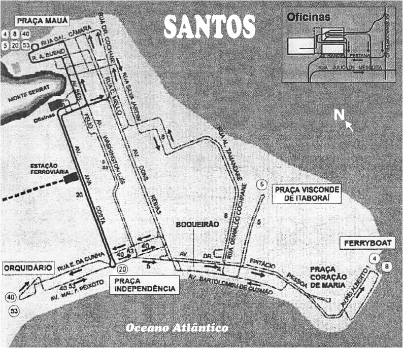 Santoská trolejbusová síť v roce 1988. (zdroj: Allen Morrison)