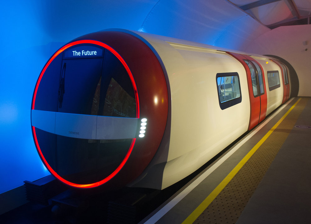 Netradiční návrh jednotky metra Inspiro v provedení pro Londýn z roku 2013. Skutečná podoba vozů nebude tak odvážná. (zdroj: Siemens)