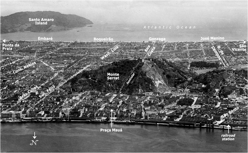 K orientaci v článku poslouží dobře tento snímek z roku 1935. Přístav je umístěn východně od železniční stanice, což znamená, že lodě musejí město od Atlantského oceánu celé obeplouvat po jeho západní straně. (zdroj: archiv Allena Morrisona)
