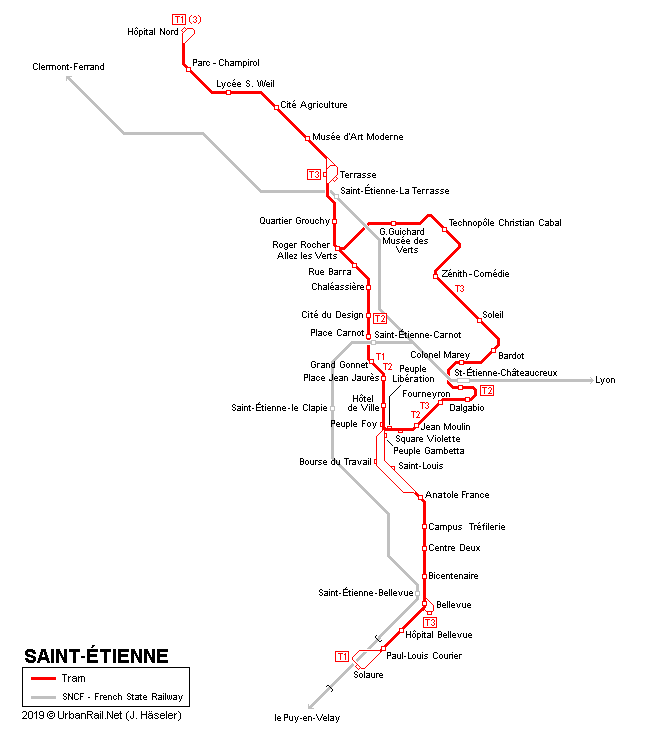 Aktuální plánek saint-étiennské sítě. (zdroj: Robert Schwandl / UrbanRail.net)