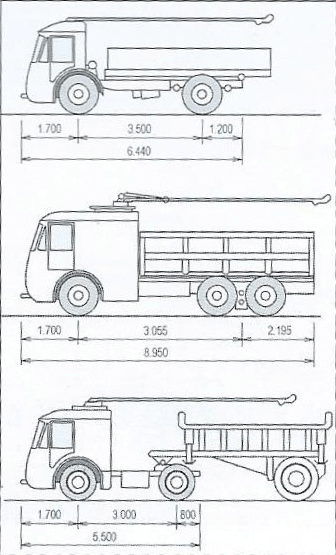 Na obrázku vidíme různá vozidla Vetry navržená roku 1948 a určená pro nákladní provozy. Prvním vozidlem by měl být trolejový valník CT 5, druhým trolejový sklápěč (CT 10 nebo CT 15, i když není možné vyloučit, že typ CT 10 byl také navržen jako pouhý valník) a třetím tahač (TT 14 nebo TT 17) pro spřažení se sklápěcím návěsem. (kresba: P. Pintado)