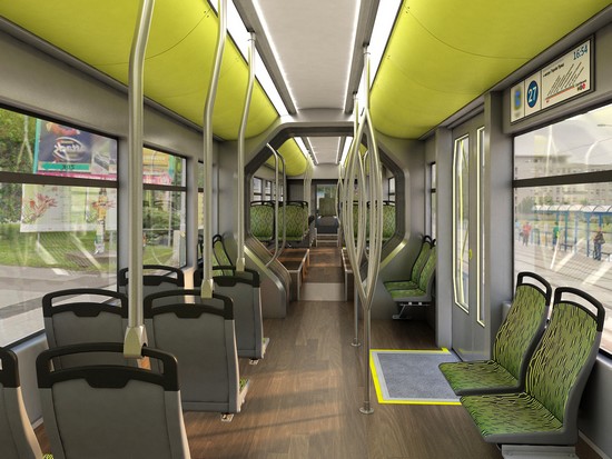 Interiér dvoučlánkové tramvaje. (vizualizace: TRAM FOR ENVI s.r.o.)