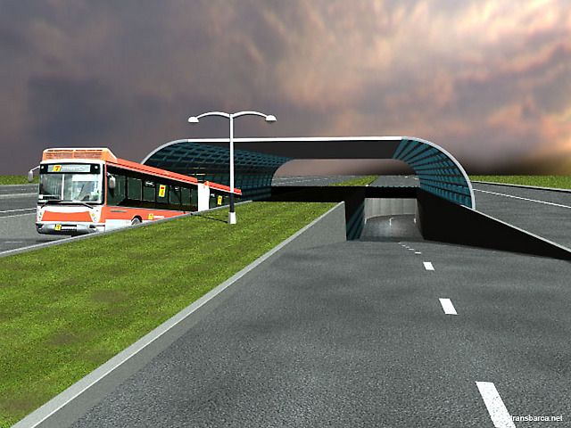 Vizualizace Transbarcy slibovaly leccos, mimo jiné i úrovňová křížení, nakonec ale nevzniklo ani jedno. (zdroj: Transbarca)