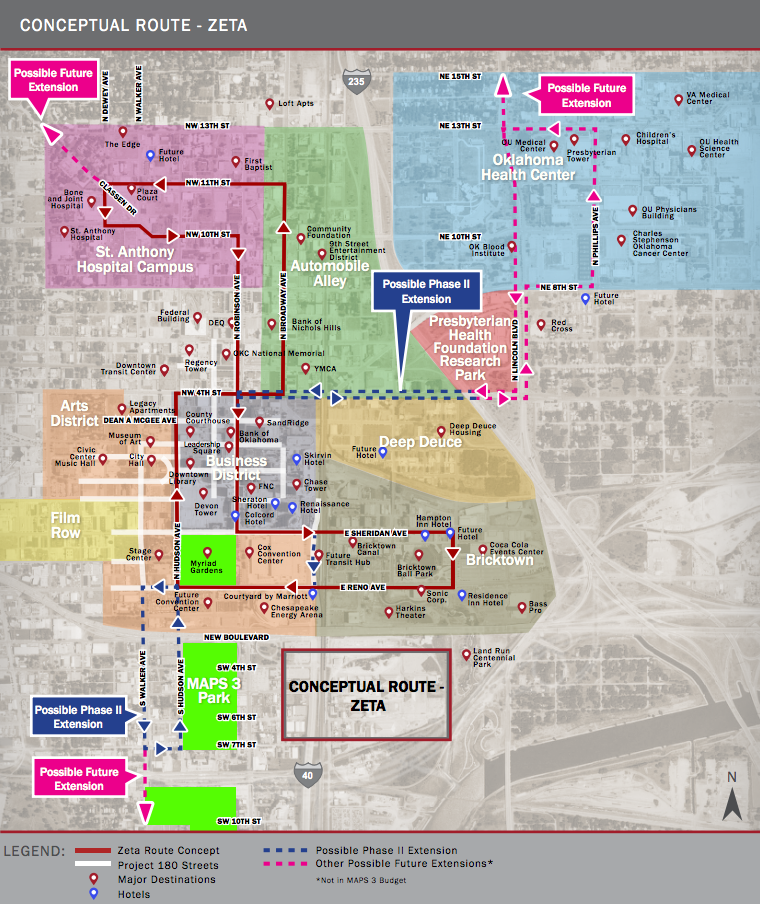 Návrh tramvajové linky v Oklahomě včetně znázornění dalších zvažovaných prodloužení. (zdroj: okc.gov)