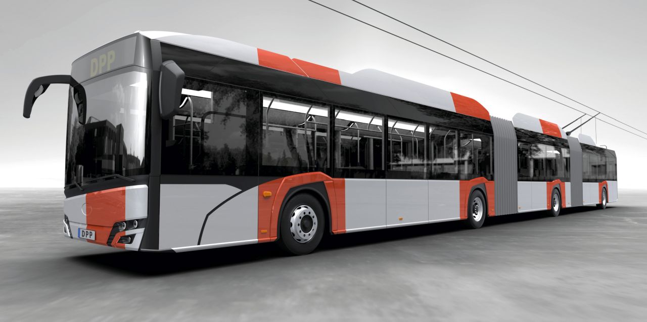 Vizualizace tříčlánkového trolejbusu Škoda-Solaris 24m pro pražskou linku 119, jež by měla nést po dokončení elektrifikace číslo 59. (zdroj: DPP)
