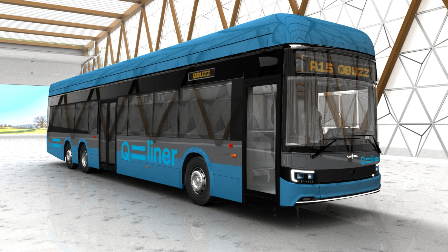 Vizualizace 15m elektrobusu řady A v low entry verzi od Van Hoolu. (zdroj: Van Hool)